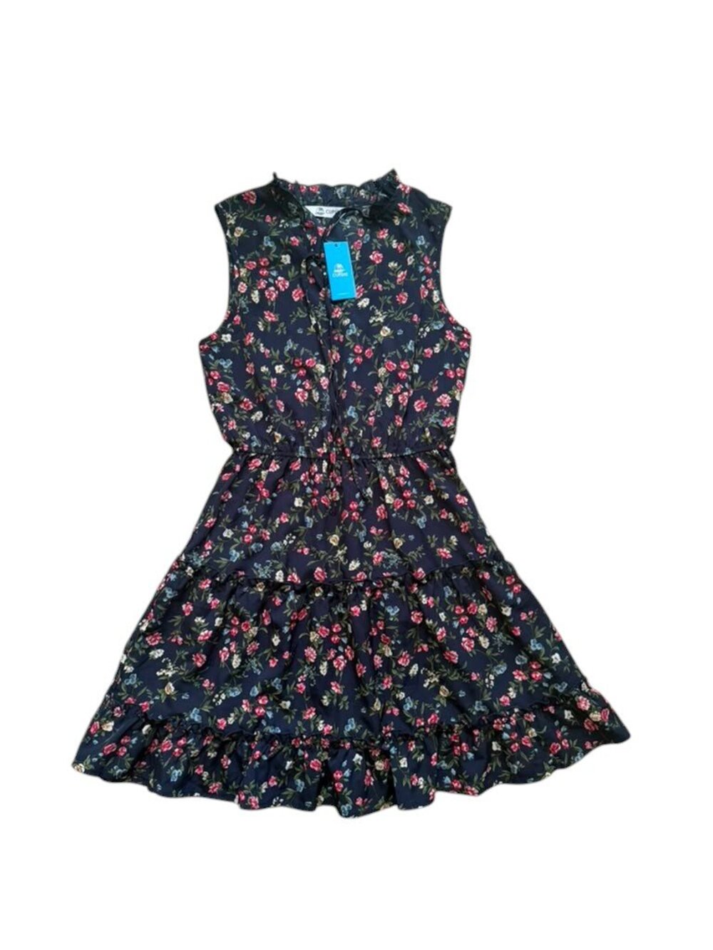 CUPSHE Women XS Navy Floral Tiered Ruffle Mini Dress Sleeveless NWT.